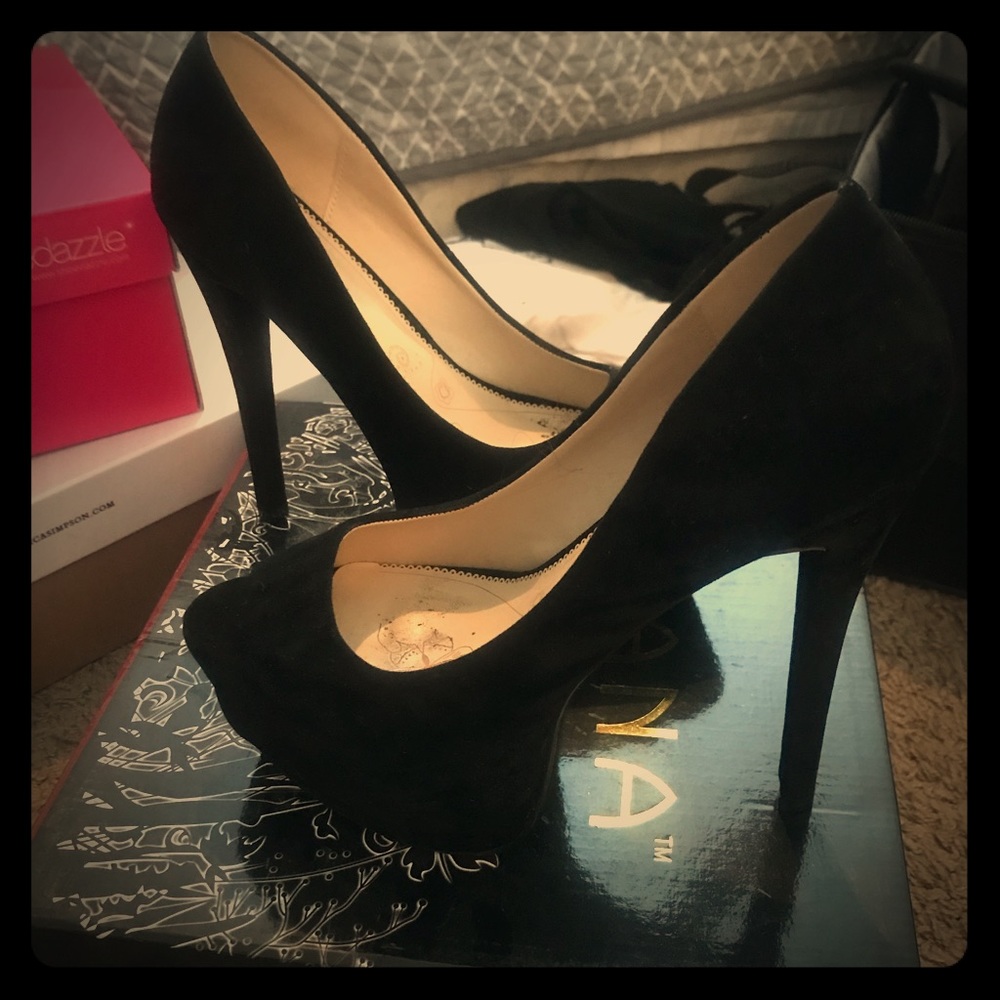 Black suede peep toe heels
